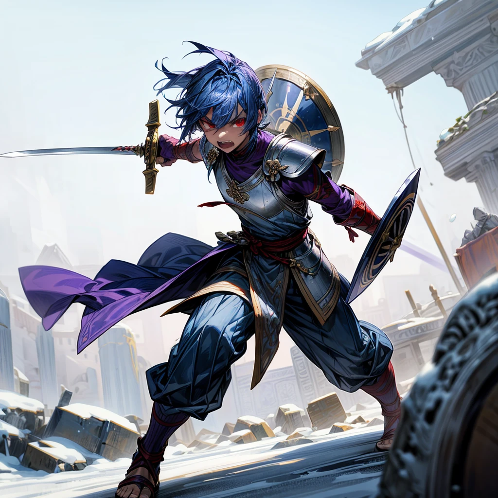 1boys orc, Full body version, red eyes, purple colour skins, angry eyes, cut hair, blue colour hair, angry expression, ancient greek clothing, gladiator sandals, Rapier sword in hand, small shield, silver armor vest, Grassroots background in snow, sunlight, sun, war gesture