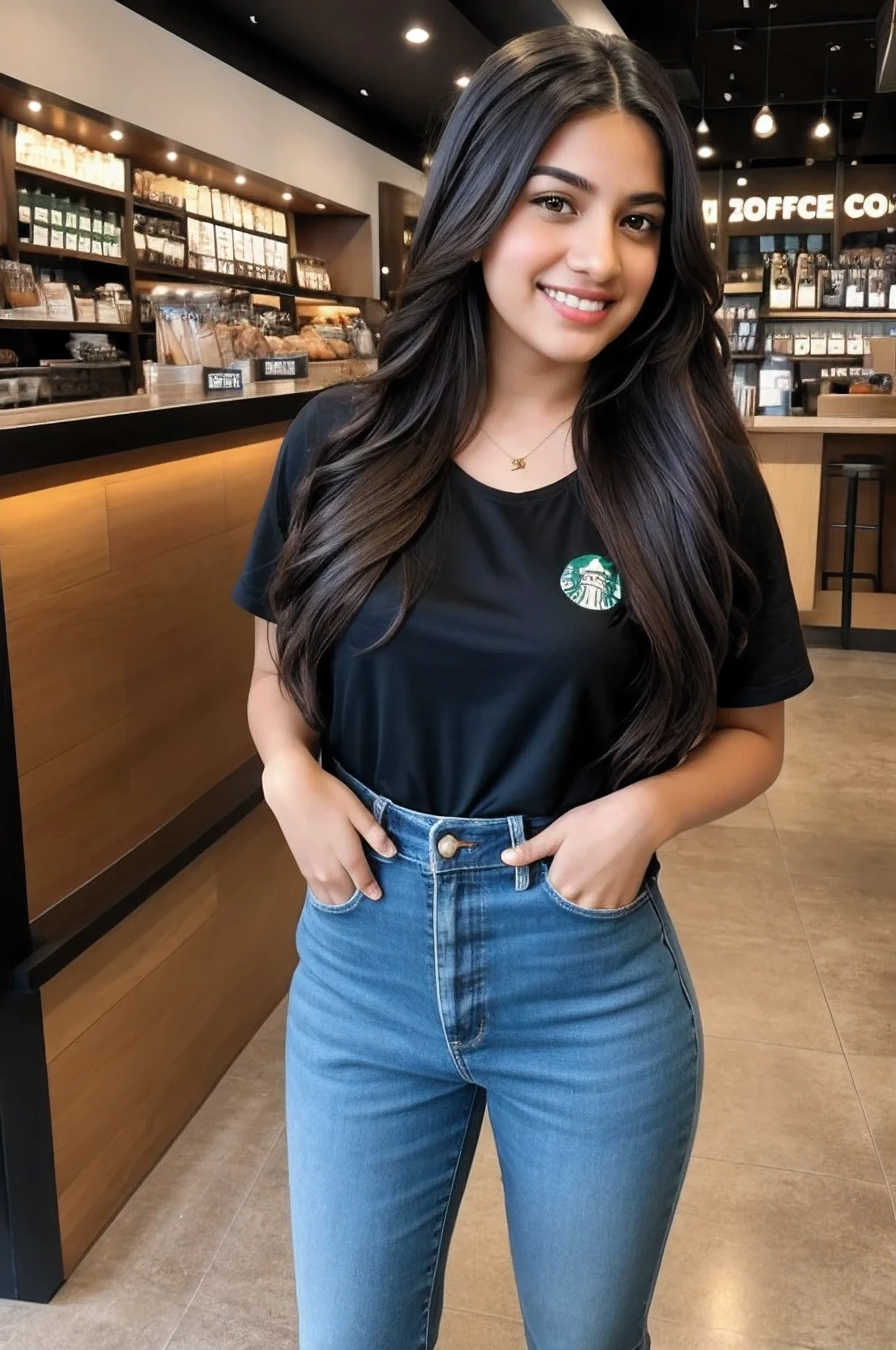 1 girl, age 25, long hair, hispanic, brown eyes, full body, conservative clothing, realistic, with multicultural friends carrying Starbucks