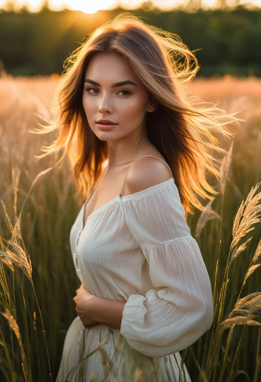 a woman standing in a field of tall grass with the sun setting, gorgeous woman, cinematic beautiful natural skin, attractive woman, attractive girl, photo of a beautiful woman, gorgeous attractive face, extremely beautiful face, in a field, beautiful female model, portrait of a beautiful model, soft portrait shot 8 k, beautiful delicate face, a beautiful young woman, attractive beautiful face