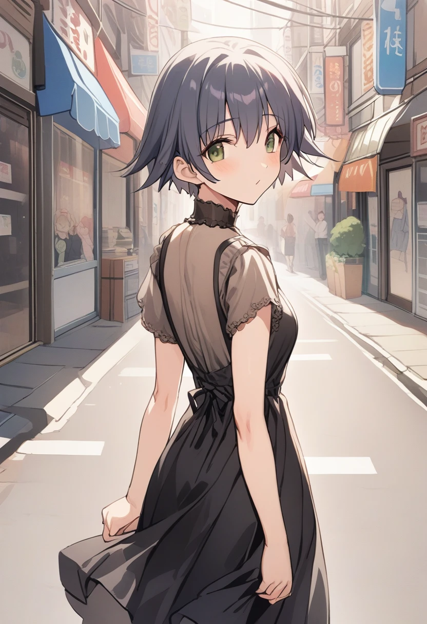 One girl,Nozomi、Gentle expression、Welcome、The whole body is shown、noon、bustling street、walking、looking back,looking viewer,Cute Dress,A complete depiction of the human body、masterpiece, Highest quality, Game CG,