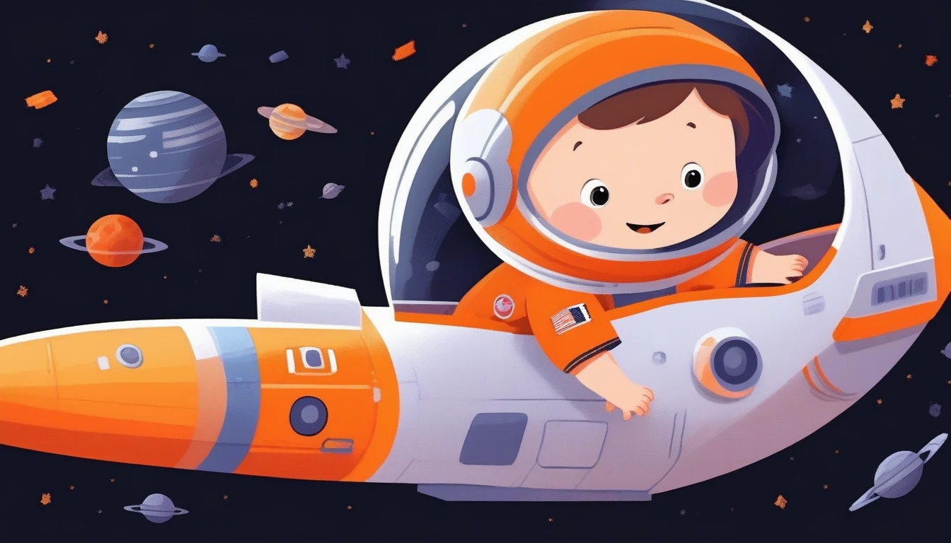children's picture books,crayon paintings,black background,simple background,
A little boy inside in spacecraft, facing the camera, happy, orange uniform, slowly approaching, with high definition and quality,