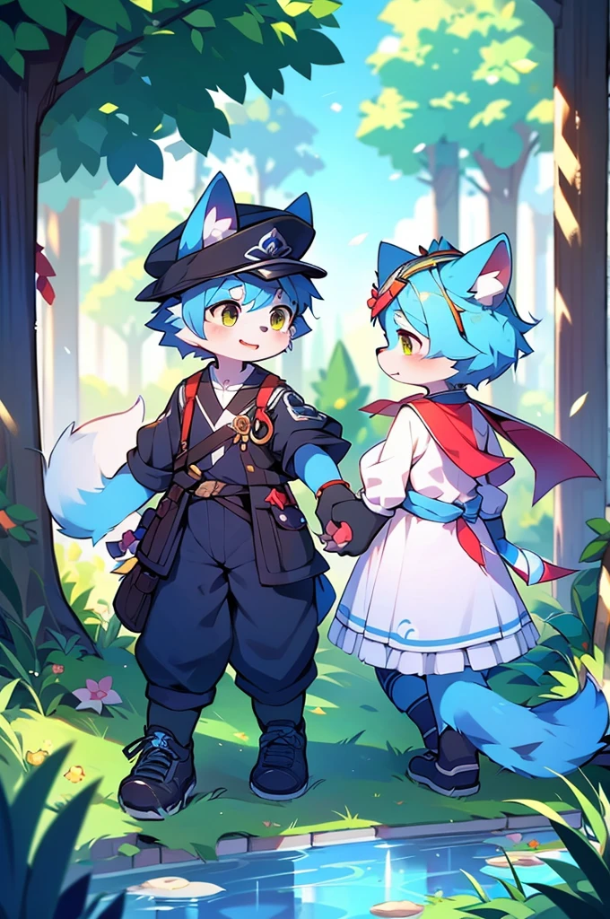Blue fur, Canine, fox motif, Couple of girls and boys, uniform、Holding hands,One boy,One girl,夜,