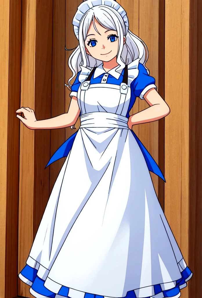 Woman, platinum white wavy hair, blue eyes, wearing cute apron dress, smiling in a sunny day 