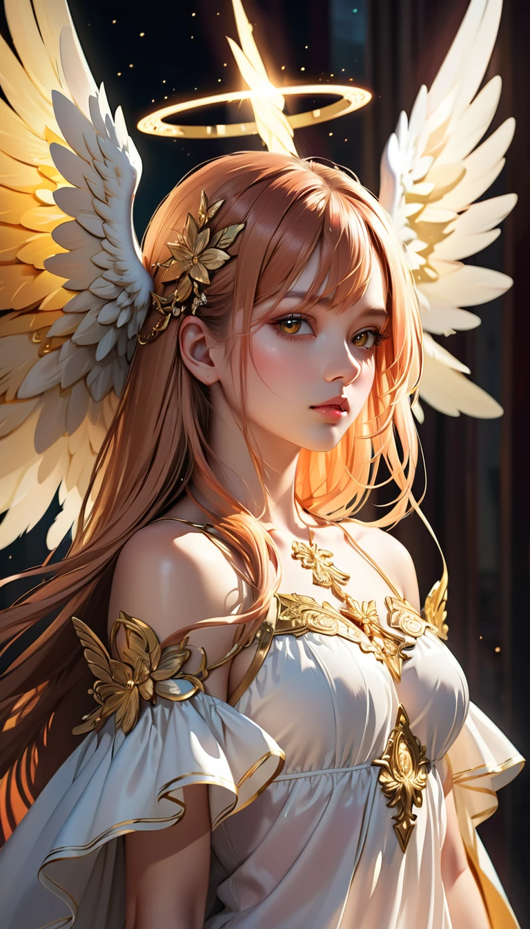 a highly detailed and beautiful angel, angelic wings, six wings, angel halo, glowing holy light, portrait, digital art, cinematic lighting, dramatic shadows, intricate details, warm color palette, photorealistic, 8k, best quality, masterpiece