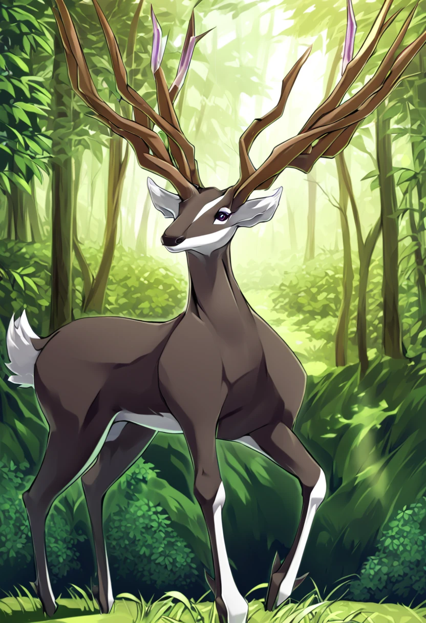 score_9, score_8_up, score_7_up, solo, Xerneas, (close-up), forest, nature, deer, stunning scenery, full body, looking at the viewer