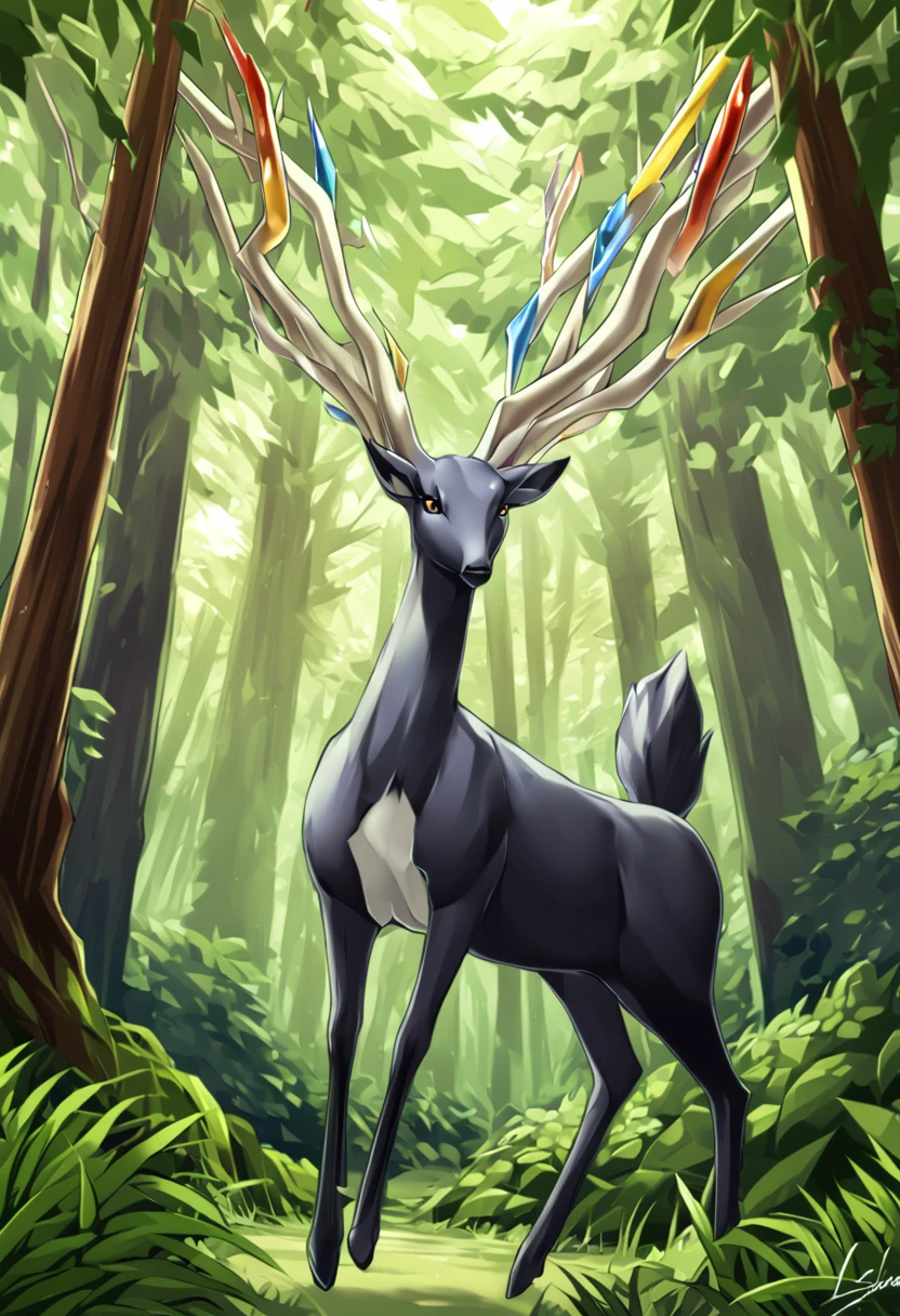 score_9, score_8_up, score_7_up, solo, Xerneas, (close-up), forest, nature, deer, stunning scenery, full body, looking at the viewer 