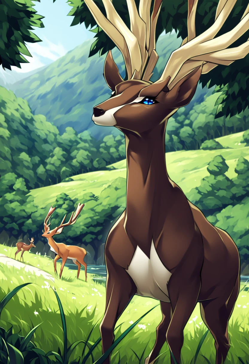 score_9, score_8_up, score_7_up, solo, Xerneas, (close-up), forest, nature, deer, stunning scenery, full body, looking at the viewer
