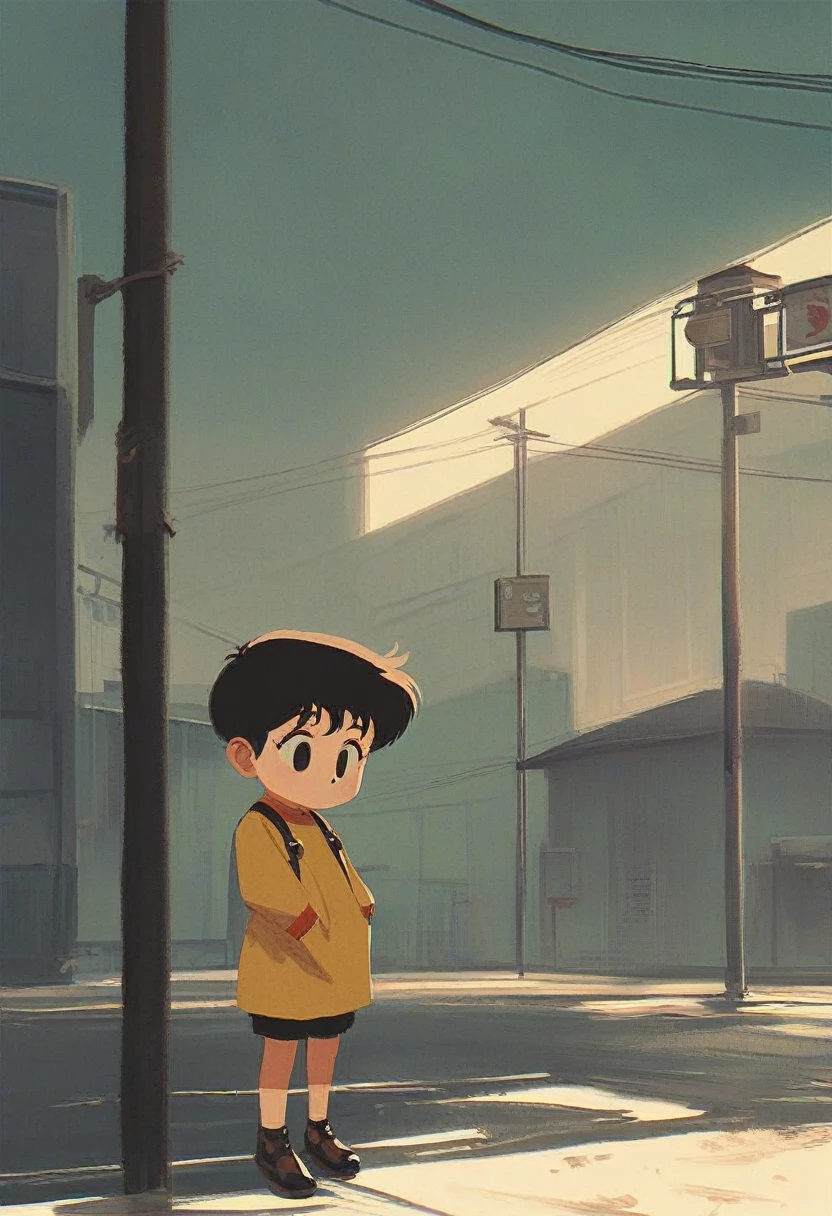 score_9, score_8_up, score_7_up, score_6_up, score_5_up, score_4_up, source_anime, 2.5D, slightly creepy cute girl, pixie cut, yellow cat-like eyes, peeking out from under streetlight on utility pole in dimly lit residential area, retro atmosphere like that of Osamu Tezuka's work, sci-fi horror cute fantasy