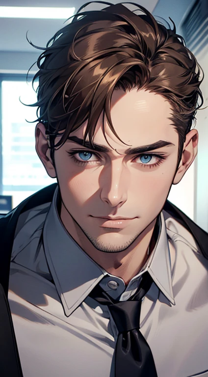 (best quality,4k,8k,highres,masterpiece:1.2),ultra-detailed,(realistic,photorealistic,photo-realistic:1.37),1 man,31 years old,mature man,very handsome,without expression,smile,short grey brown hair,blue eyes,penetrating gaze,perfect face without errors,imposing posture,businessman,office background,cinematic lighting,hdr image