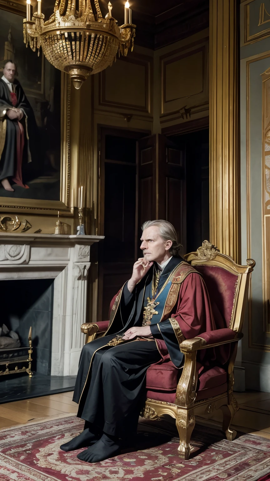 "Generate an image that represents King Philip IV of France sitting in an armchair in a medieval room, thoughtful and reflecting on the decisions you just made. At the bottom, some counselors are waiting to hear it. The scene takes place in a room of the royal palace, with stone walls adorned with detailed tapestries depicting historical and religious scenes. Tall stained glass windows let in natural light, creating a solemn and majestic atmosphere. In the center of the image, King Philip IV is sitting in a sumptuous carved wooden armchair, covered with red velvet cushions. Wear a royal robe rich in gold and red details, and he wears an ermine cape that falls on his shoulders. Its simple but elegant crown rests on a small table nearby.. His expression is serious and contemplative., with his eyebrows furrowed and his gaze lost in space while he reflects deeply. The king has a slightly hunched posture, with one hand resting on the armrest of the chair and the other resting on his lap.At the bottom de la sala, several counselors are standing or sitting, waiting silently to listen to the king. Councilors wear robes and capes that indicate their status and roles at court, and their expressions vary between expectation and concern. in the living room, several golden chandeliers provide warm lighting, and a large fireplace in the background adds a touch of warmth and comfort to the environment. Shelves filled with books and scrolls reflect the importance of knowledge and administration at the royal court. The general atmosphere of the image is one of tension and reflection, capturing the moment when King Philip IV of France meditates on the decisions he has made while his advisors wait anxiously to hear his next words