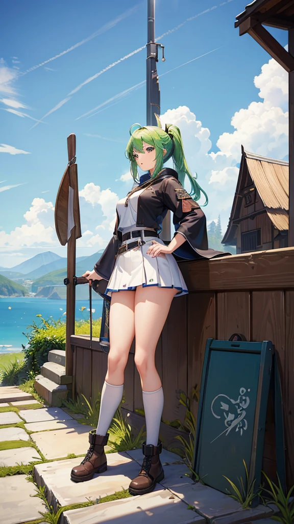 (masterpiece, 4K ,Super detailed:1.2), (anime:1), whole body側面図, jRPG Characters, jRPG Characters art, RPG Characters, View Viewer, Green Hair, ((Female Swordsman), (Medieval), whole body, (Perfect quality), Pure white background, Lots of white space, whole bodyが写っている, mini skirt, whole body写真, Heavy equipment, Adventure boots