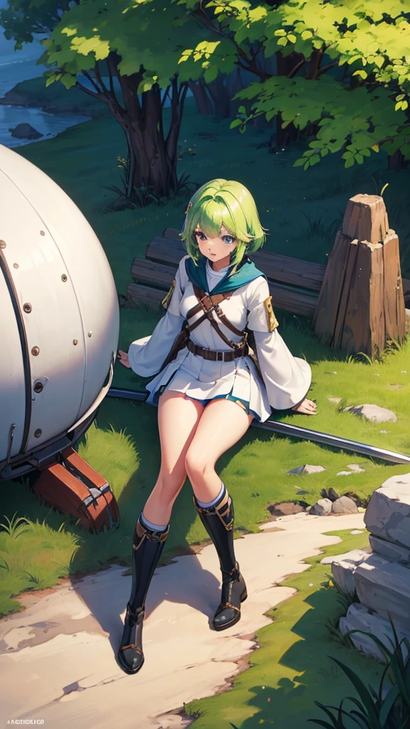 (masterpiece, 4K ,Super detailed:1.2), (anime:1), whole body側面図, jRPG Characters, jRPG Characters art, RPG Characters, View Viewer, Green Hair, ((Female Swordsman), (Medieval), whole body, (Perfect quality), Pure white background, Lots of white space, whole bodyが写っている, mini skirt, whole body写真, Heavy equipment, Adventure boots