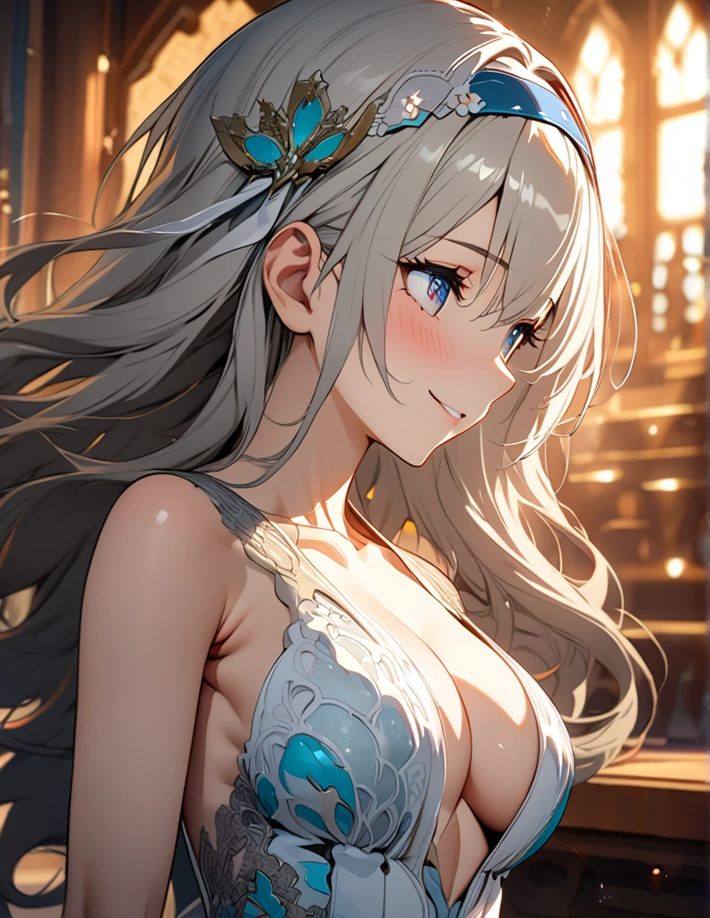 beautiful girl, long grey hair, beautiful face,smiling,close up to hips, beautiful breast, standing Infront of altar , (open mouth:0.4),illustration,detailed textures(realists),ultra-detailed,portrait style,vivid colors,soft lighting, blushing, mature, hair fluttering, evening light , head band, ((half body)), no bra, cleavage, wearing intricate two tones wedding dress, perky. ((side profile:1.2)), blushing