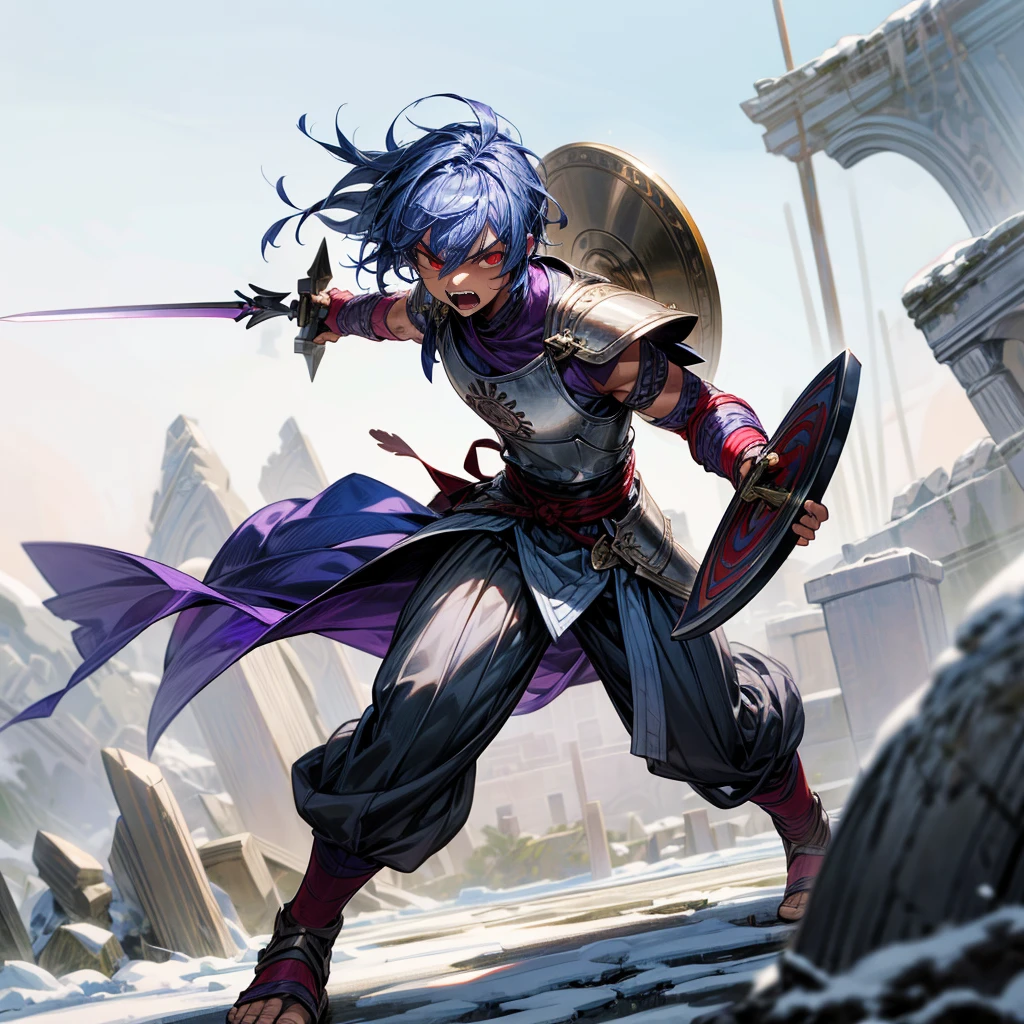 1boys orc, Full body version, red eyes, purple colour skins, angry eyes, cut hair, blue colour hair, angry expression, ancient greek clothing, gladiator sandals, Rapier sword in hand, small shield, silver armor vest, Grassroots background in snow, sunlight, sun, war gesture
