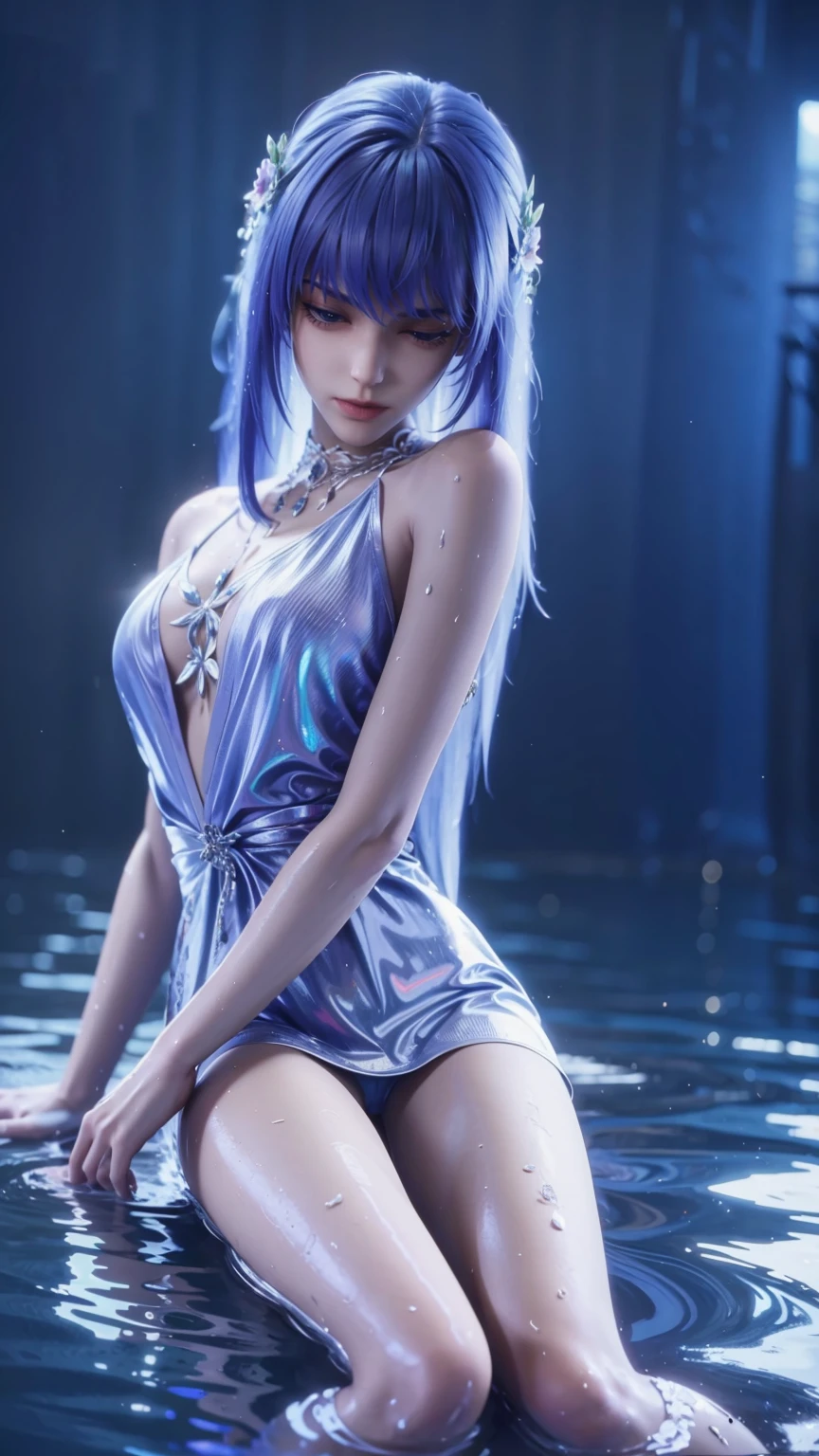 1girl sitting cross-legged on water surface, wearing sailor uniform, full shot, full capture, barefoot, long legs, wet body, water droplets on body, flower rain, draped in sheer fabric, legs together, brushing back hair, (best quality,8k,highres,masterpiece:1.2),ultra-detailed,(realistic,photorealistic,photo-realistic:1.37),HDR,UHD,studio lighting,ultra-fine painting,sharp focus,physically-based rendering,extreme detail description,professional,vivid colors,bokeh,portraits