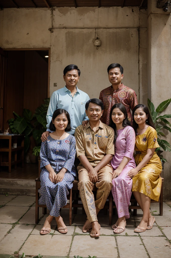 family photo of 5 people wearing batik clothes, First "bapaknya 50th", second "his mother is 40 years old", third" putri First 33th", fourth "putri  second 26th", fifth"putra third 21th", sitting behind a chair