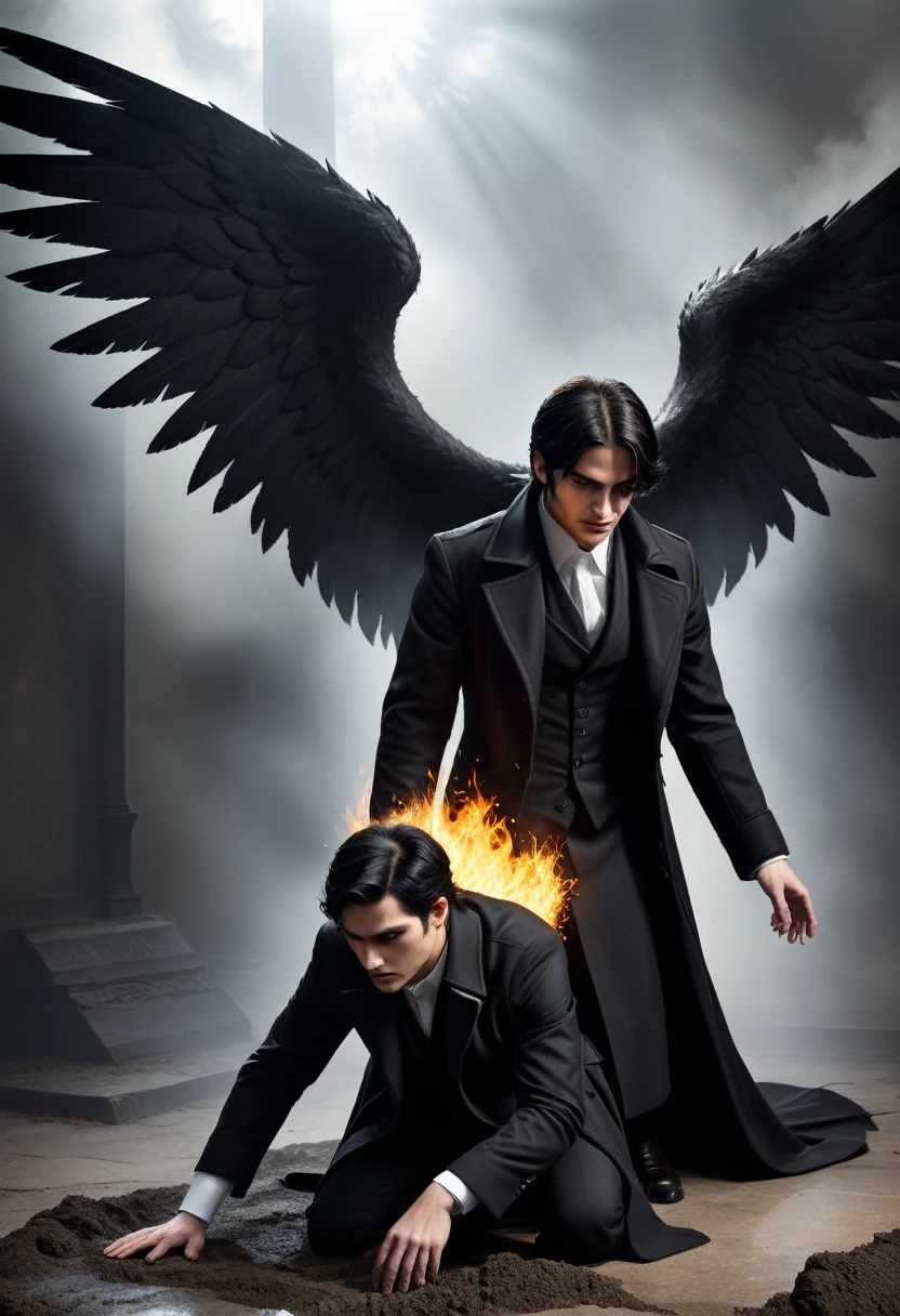 Dark Book Cover:

A man who is a fallen angel dominates the scene, its immense black wings contrasting with its pale skin. Her short black hair falls wildly over her face., partially hiding your dark eyes. He is kneeling, with one knee touching the rough ground, wrapped in a long black overcoat that flaps in the wind. Behind him, a flaming portal to hell emerges, radiating a sinister and threatening light, projecting shadows that seem to move with a life of their own. The atmosphere is filled with despair and mystery, capturing the essence of a world lost between redemption and damnation.

