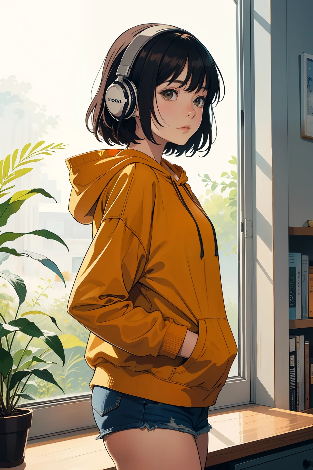 Design a vector illustration of a stylish girl in a hoodie, watching outside through her room's window. She should be wearing headphones, lost in her music, with a serene expression on her face. The room should have cozy elements like a small bookshelf and a plant. Use a warm color palette with shades of orange, yellow, and brown. The style should blend anime and digital art with clean, detailed lines.