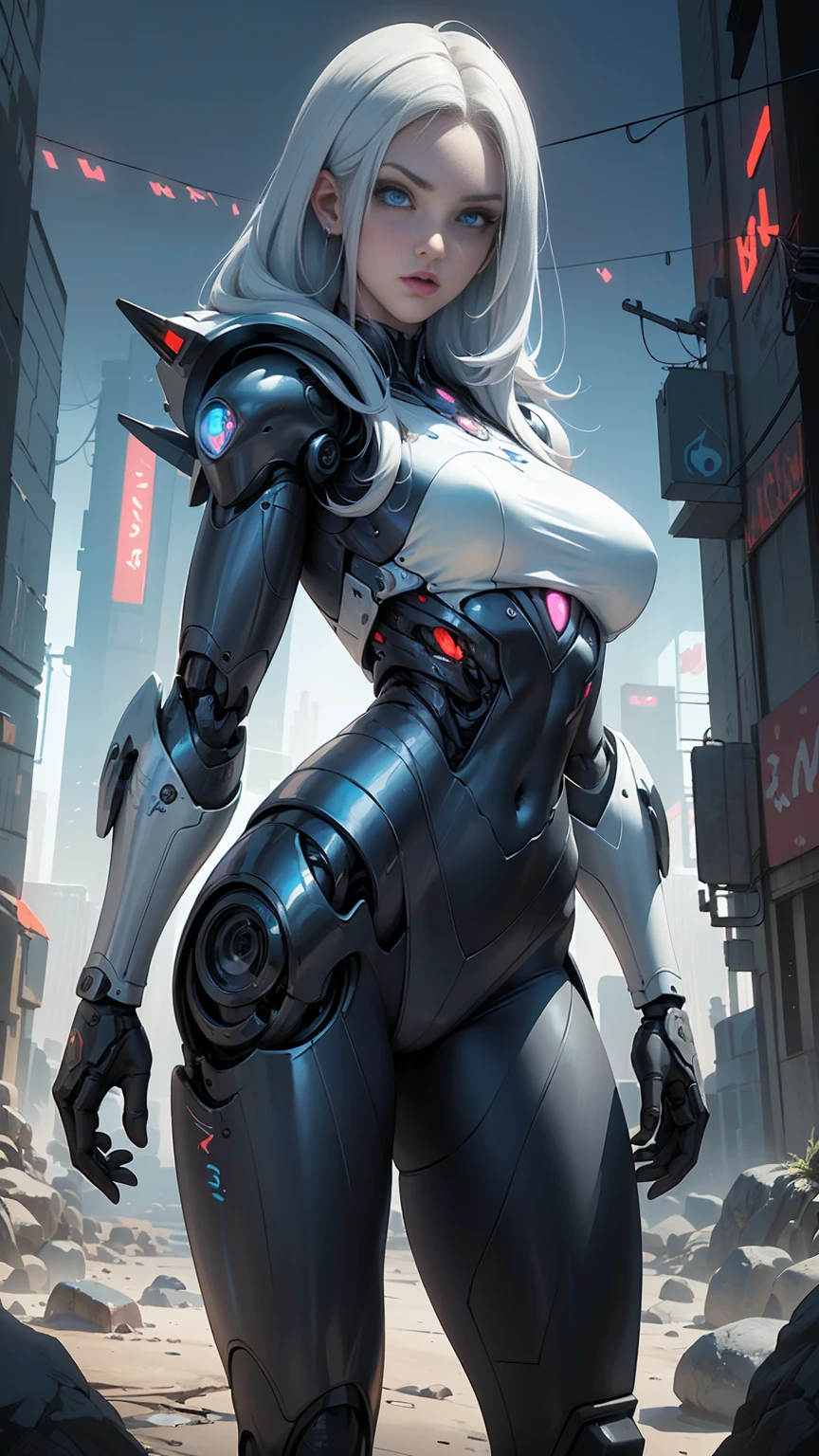 Ultra realist CG K ,((premium、8k、32k、Masterpiece、NFFSW:1.3)), (superfine illustration)、(super high resolution), (((adult body))), (Masterpiece, Best Quality:1.2),(La Best Quality,A high resolution,Ultra - detailed,actual) ,close-up Ariana Grande cyborg with red leather pants, yellow top, long white gray hair,  (alien invasion background alien ships:1.4), (beautiful blue eyes big stones black:1.4) , (cowboy pose ), (realist) ,High quality 8K detailed art, Fanart Mejor ArtStation, fantasy art style , (white cyborg:1.4), (apocalyptic city cyberpunk colors:1.4)