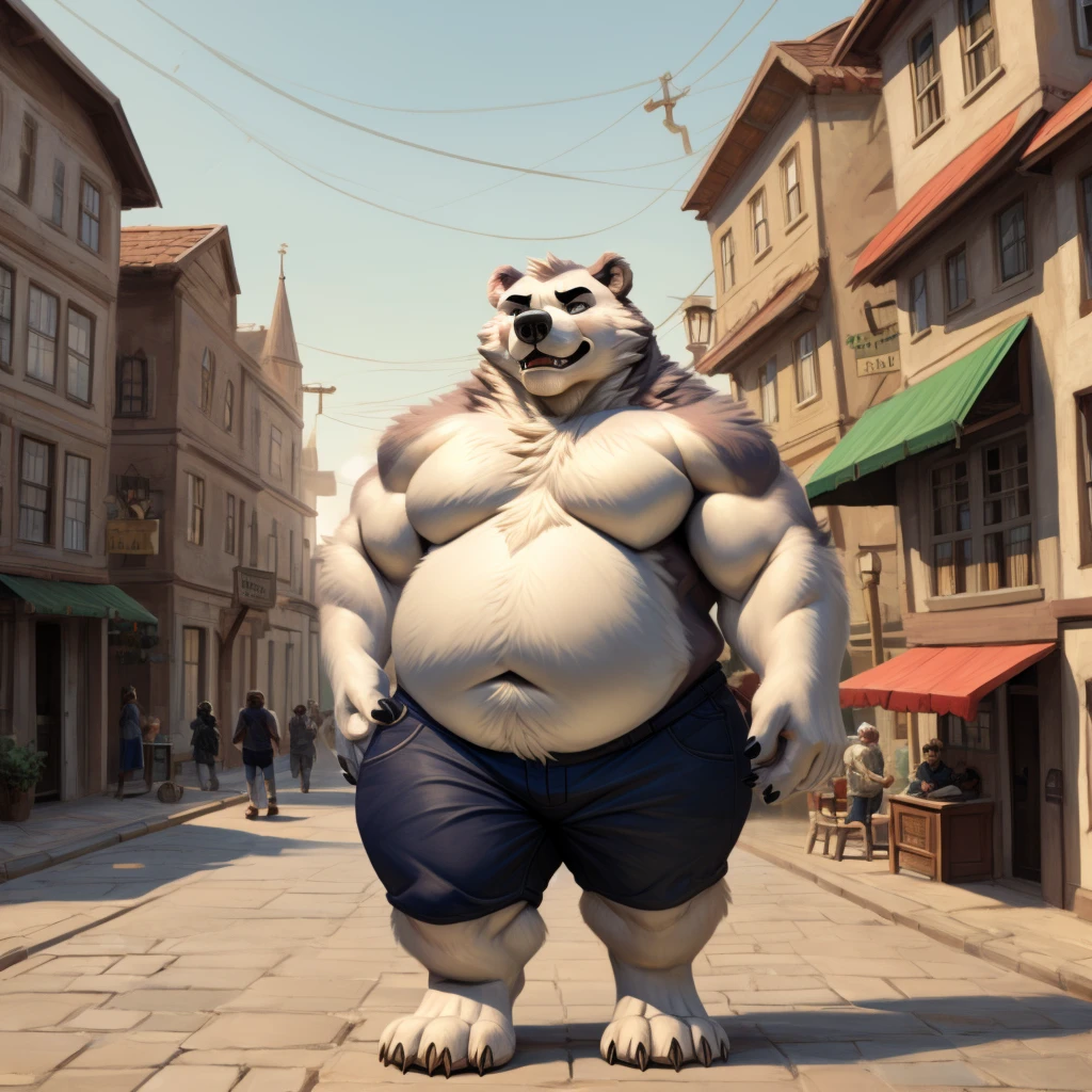 huge bear,  chubby，shirtless， alone， detailed， high resolution，， Masterpiece，Obesity in the extremities.，Over weight，Peter Junior，people,  traveling through the town,  Boy hero of the people