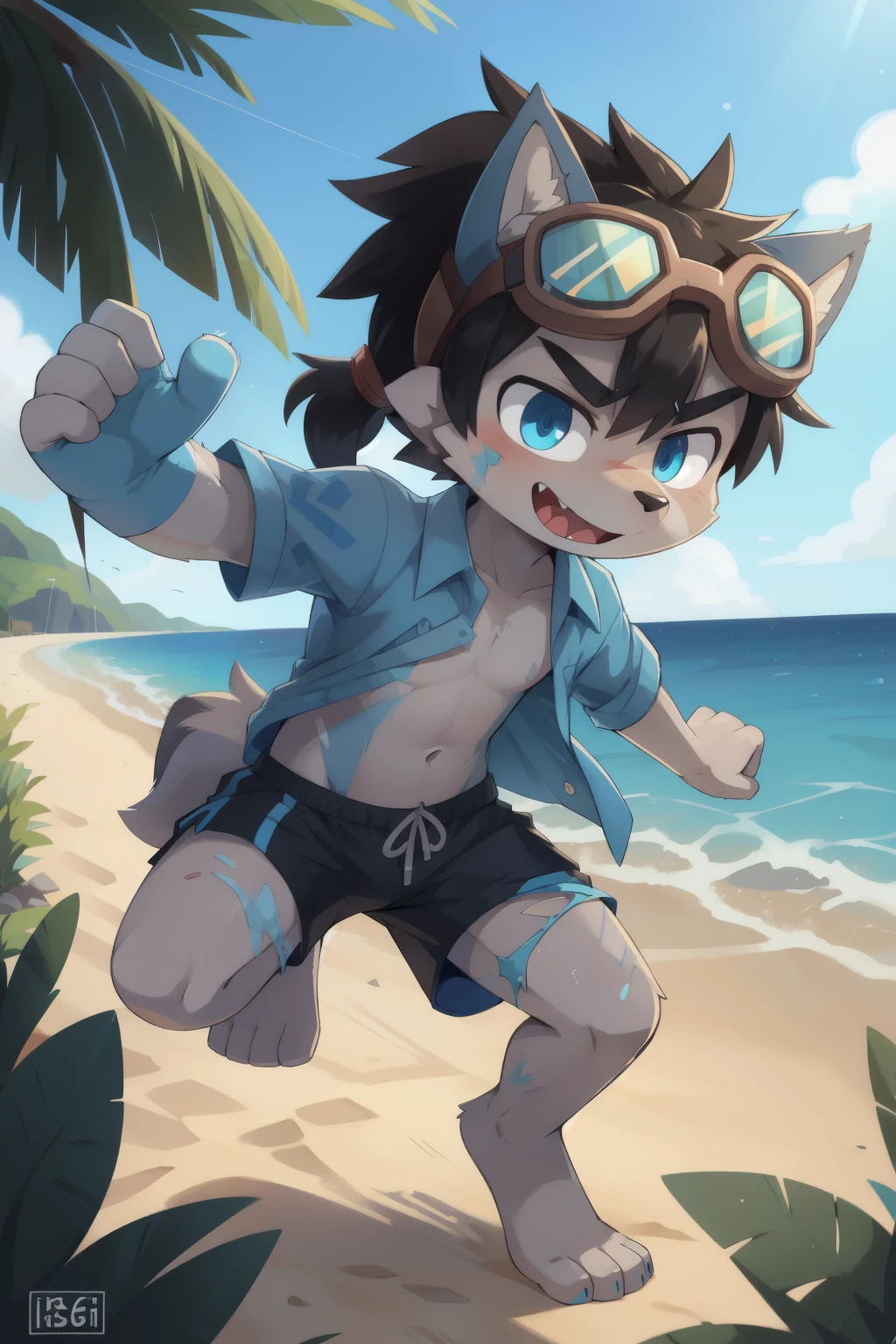 score_9,score_8_up,score_7_up, source_cartoon, source_furry, Furry shota, wolf, black hair, long spiky ponytail, blue eyes, detailed body fur, ((goggles, blue hawaiian shirt, open clothes, black swim trunks)), looking at you, fangs, clear grey body fur, detailed face, big eyebrows, detailed eyes, detailed body, detailed body fur, detailed hands, glistering body, shiny body, skinny, uper body, injured, dirt on the body, damaged clothes, torn clothes, bruises, grin, beach, solo, uper body, after fight, feet towards viewer, from above, dynamic action shot, speed lines, motion blur, Birds Eye view, fight, kick action