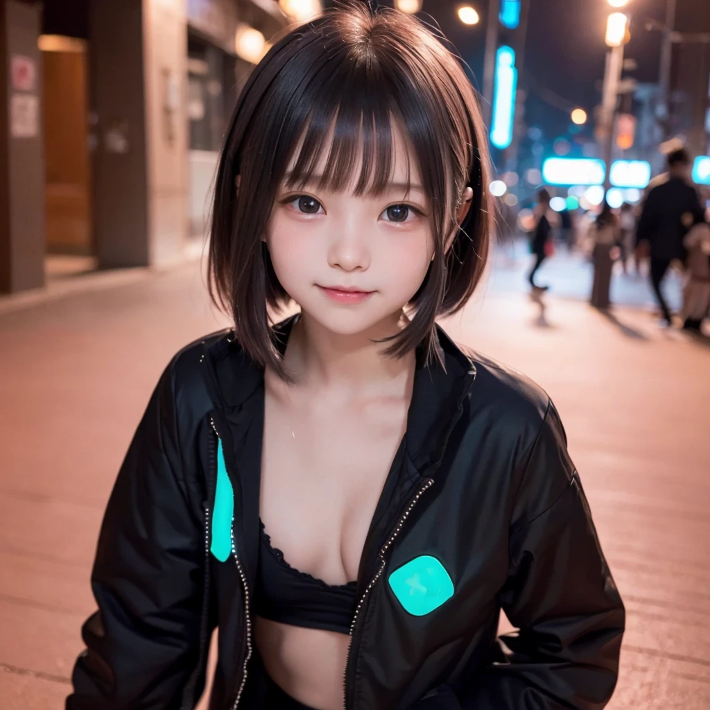 (((Beautiful girl small breasts))),Wearing a black jacket、Cyberpunk Red Green Background、(((Upper body naked))),smile,(((Small body))),(((Cute little sister))),１０age、Young、Elementary school girl、Round face,Big eyes, Round eyes、No makeup、Sweaty