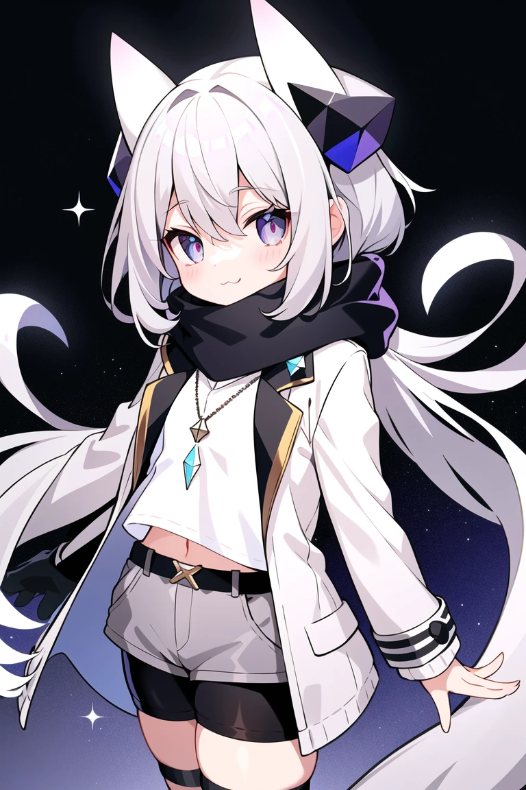 masterpiece, need, 1 Girl, Gray hair, Medium-length hair, A pair of small horns made of colored crystal, Colored eyes, Looking at the audience, :3, The cutest,White scarf, Grey jacket,Short black shorts ,Caves filled with colored crystals,Crop Topping,Just Play,Crystal Pendant