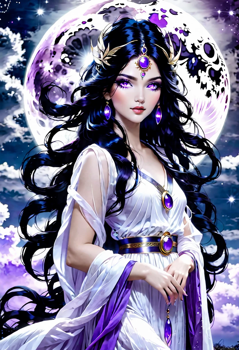 Goddess with black hair and purple eyes. Full moon background.