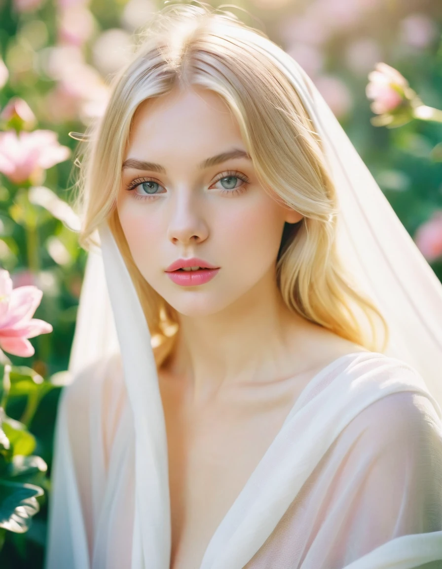 A beautiful young woman, beautiful eyes, blonde hair, thick pink lips. Natural makeup style
She poses beautifully, with only a thin white cloth covering her body. The atmosphere is a flower garden, soft sunlight, soft, soft tones, taken with a film camera.