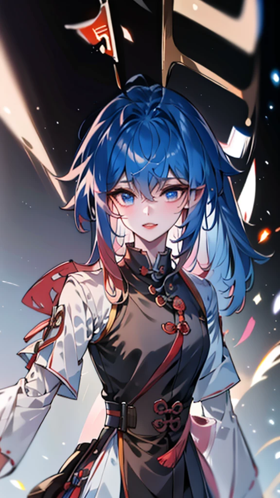 Masterpiece, Best quality, 1 Tang Wu Tong, the expression is cold, strong, blue eyes, short hair, wolfcut hairstyle, smoky mix blue color hair, resolute eyes, red lips, simple Taoist Taoist uniform, Chinese mix morden, frontal photo, black or white background, simple background, anime, illustration, hafl body, Chinese style short-sleeved shirt