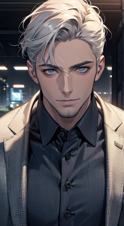 (best quality,4k,8k,highres,masterpiece:1.2),ultra-detailed,(realistic,photorealistic,photo-realistic:1.37),1 man,31 years old,mature man,very handsome,without expression,smile,short grey white hair,blue eyes,penetrating gaze,perfect face without errors,imposing posture,businessman,office background,cinematic lighting,hdr image