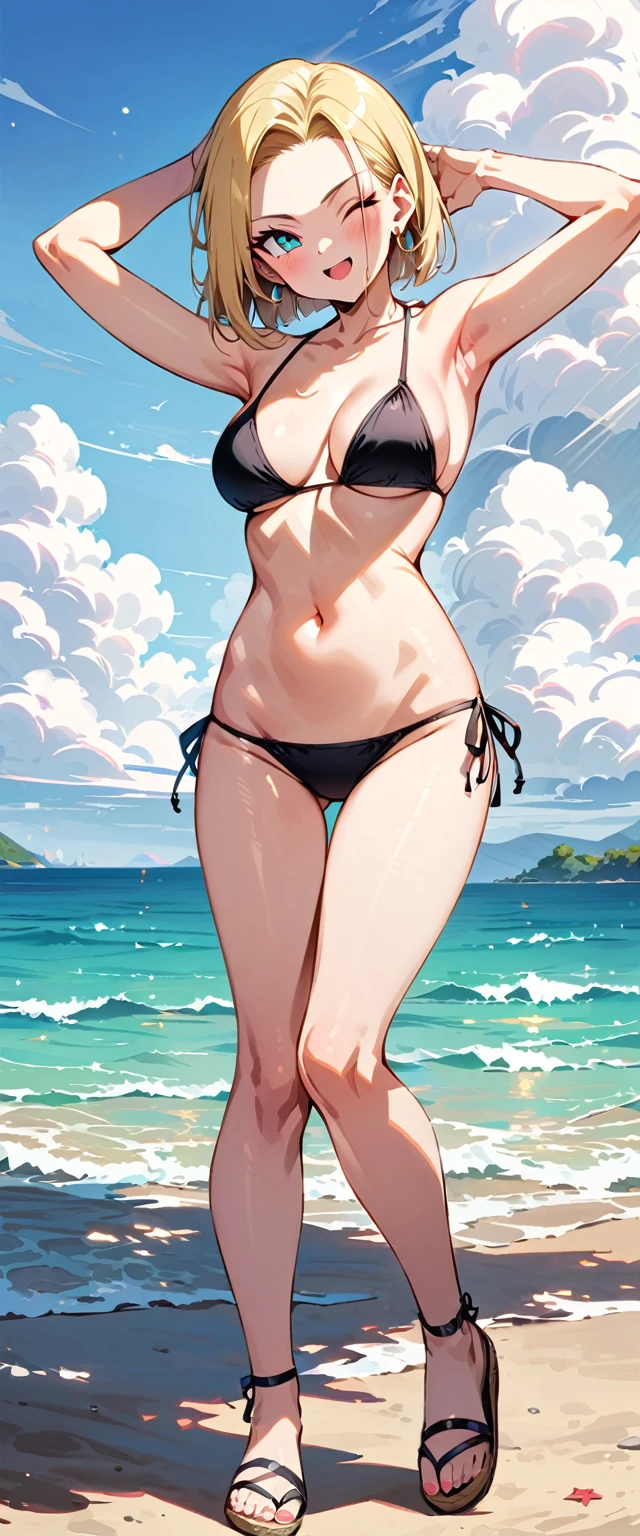 (masterpiece, best quality:1.2), solo, Android 18 from Dragon Ball, ((black string bikini, thigh gap)), medium breasts, short blonde hair loose, (one eye closed), earrings on earlobes, slender feminine figure, skinny body, light blush, cloudy sky, magnificent view, blur background, 4K, beautiful armpits, arms up behind, open mouth, beach, standing, side-tie bikini bottom, smile, one heel raise, beach sandals, head tilt, shot from behind, looking back, back view, from below, small butt,