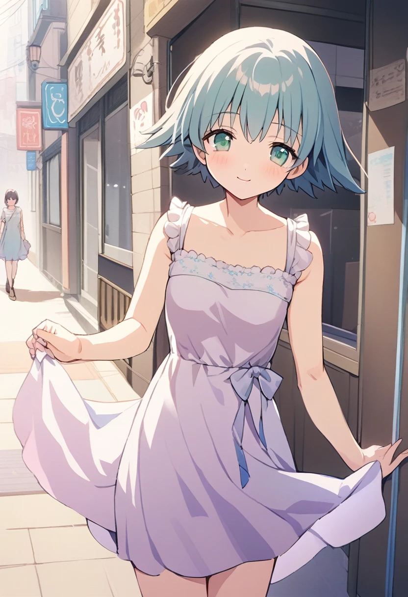 One girl,Nozomi、smile、Gentle expression、Welcome、The whole body is shown、noon、bustling street、walking、Holding out your hand、looking back,looking viewer,Cute pastel colored dress,A complete depiction of the human body、masterpiece, Highest quality, Game CG,