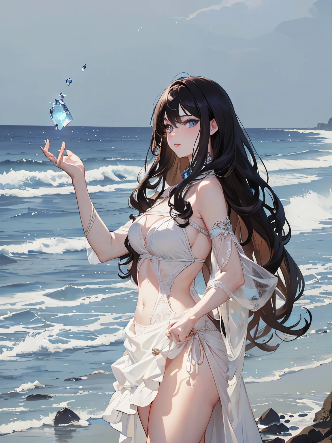 ((dark fantasy)), ((wavy hair, pale skin),((light blue eyes)), freckles, warm light,( ),busty,Glamour,Gorgeous,monochromes,erotic posing,Dynamic Posing,Arrange Pose,Dramatic,Cinematic,Detailed background, Dynamic Angle,From the angle of the film,Gothic background, Dark fantastic view,Best Quality,masutepiece,8K,The ultimate detailed dark background, Top image quality、RAW photography、超A high resolution,cropped shoulders, overall look is very erotic、Shot for one person only, model shoot, Large round chest, Beautiful Eyes of Details、Very slender eyes、Beautiful eyelashes、Very slim physique, with blush cheeks,Pearl Beaded Bralet Top, ((pearl top)), opal pearl in hand