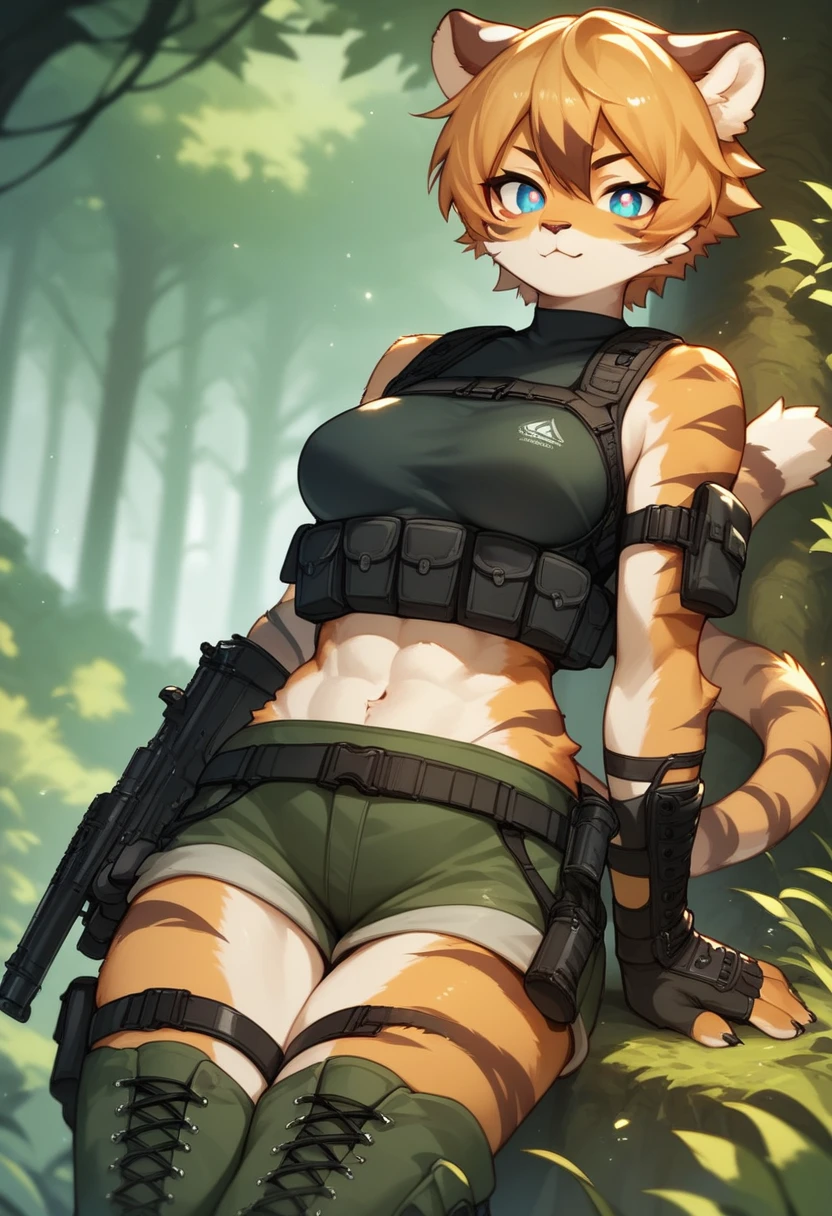 score_9, score_8_up) score_7_up, score_6_up, solo, tiger, kemono, anthro, cute, short hair, blue eyes, white pupils, sexy, orange fur, shorts, tactical harness, thigh high boots, assassin girl, sleeveless, (mesh body suit:1.2), tactical gloves, medium breasts, midriff, forest background,