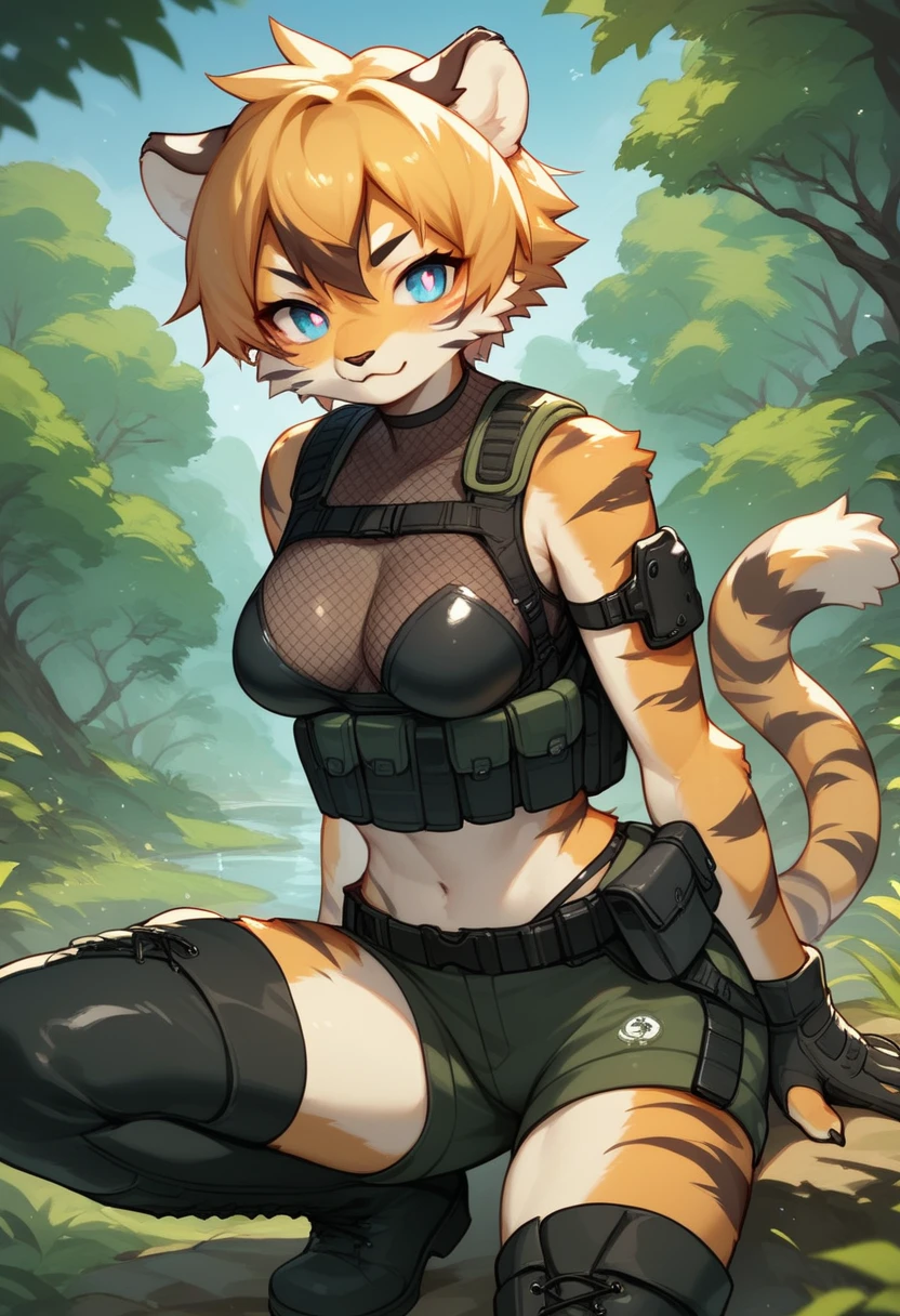 score_9, score_8_up) score_7_up, score_6_up, solo, tiger, kemono, anthro, cute, short hair, blue eyes, white pupils, sexy, orange fur, shorts, tactical harness, thigh high boots, assassin girl, sleeveless, (mesh body suit:1.2), tactical gloves, medium breasts, midriff, forest background,