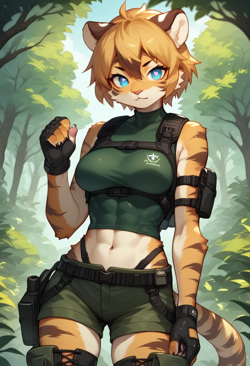 score_9, score_8_up) score_7_up, score_6_up, solo, tiger, kemono, anthro, cute, short hair, blue eyes, white pupils, sexy, orange fur, shorts, tactical harness, thigh high boots, assassin girl, sleeveless, (mesh body suit:1.2), tactical gloves, medium breasts, midriff, forest background,