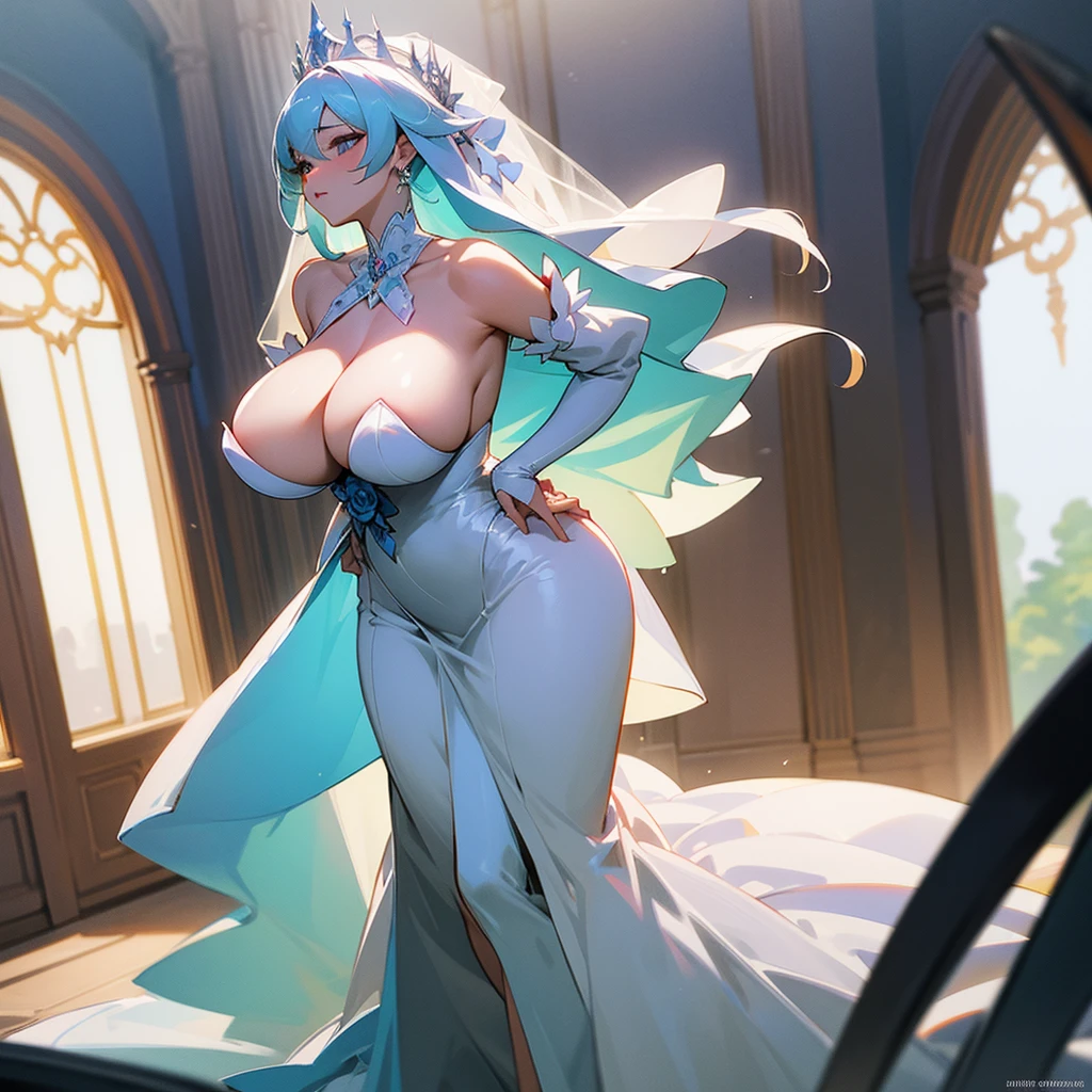 Miss，Huge Breasts，H cup，Exposing breasts，Full figure，Tall，full-body shot，Sexy Wedding Dress，Nobility。(best quality), (masterpiece), (Very detailed), (4K)