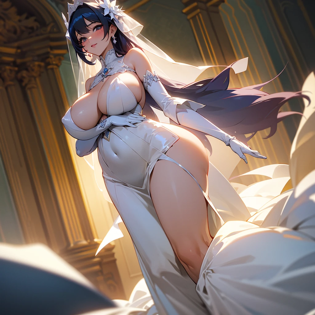 Miss，Huge Breasts，H cup，Exposing breasts，Full figure，Tall，full-body shot，Sexy Wedding Dress，Nobility。(best quality), (masterpiece), (Very detailed), (4K)