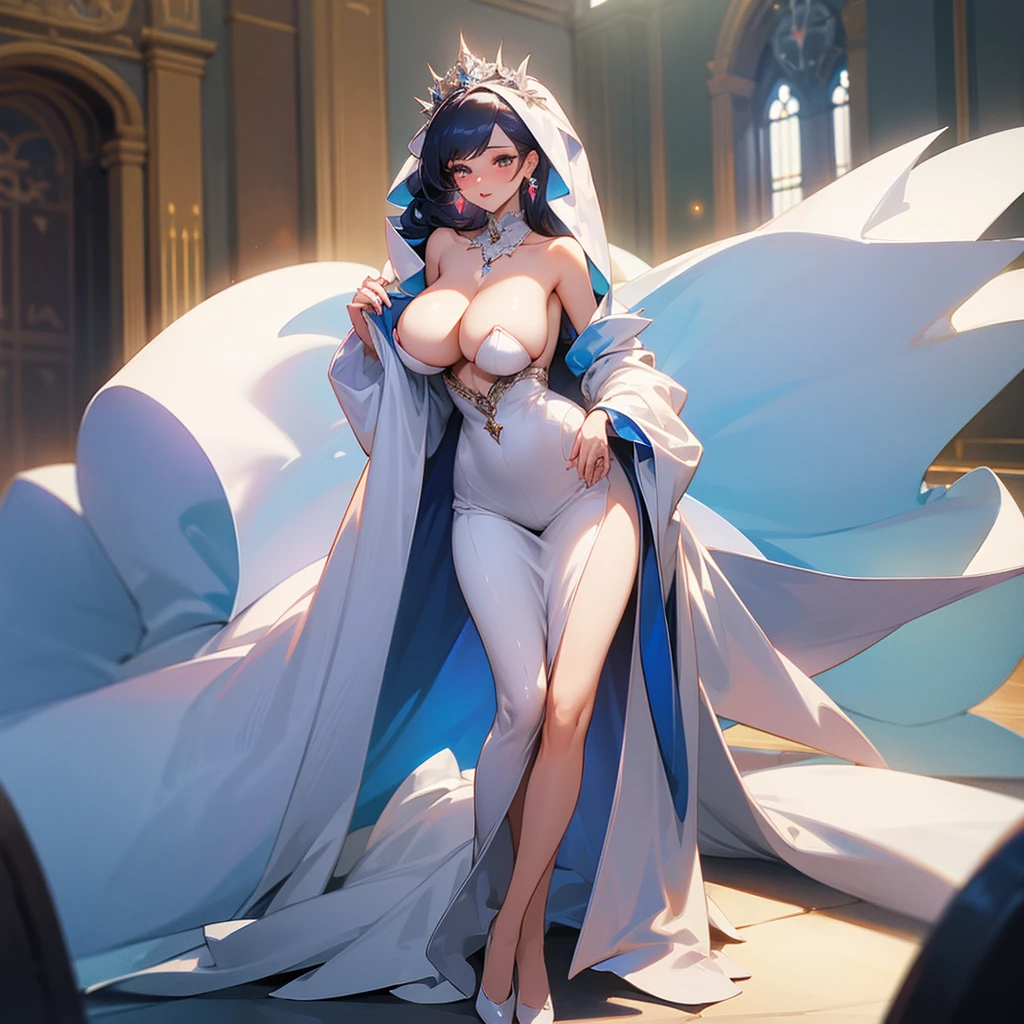 Miss，Huge Breasts，H cup，Exposing breasts，Full figure，Tall，full-body shot，Sexy Wedding Dress，Nobility。(best quality), (masterpiece), (Very detailed), (4K)