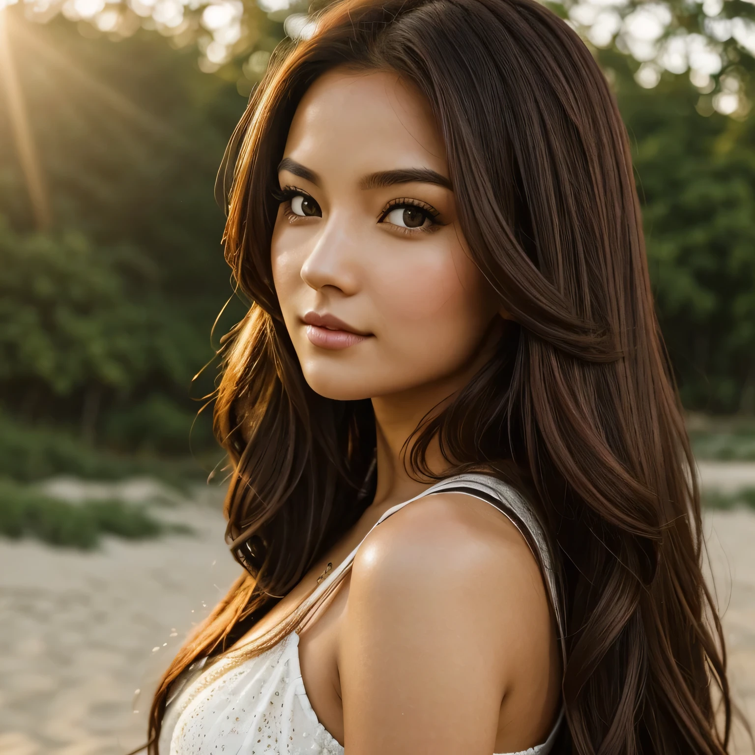 A photorealistic portrait of a 28-year-old girl dark brown redish long, flowing dark hair and striking dark eyes. she should have a natural, apptoachable expression and be illuminated by soft, golden-hour sunlight. the background should be scenic outdoor setting, perhaps a sunit park or beach capture this image with a high-resolution photograph using an 85mm lens for a flattering perspective.