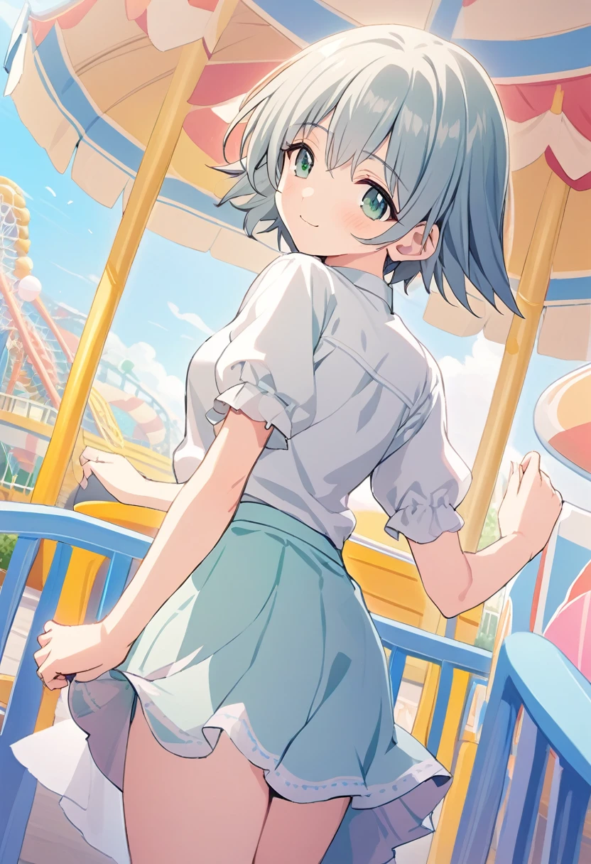 One girl,Nozomi、smile、Gentle expression、Welcome、The whole body is shown、noon、amusement park、walking、Holding out your hand、looking back,looking viewer,White blouse、Cute skirt in pastel colors,A complete depiction of the human body、masterpiece, Highest quality, Game CG,