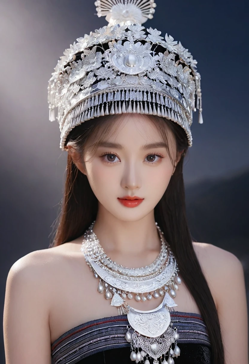 （8K，best quality，masterpiece：1.2），Ultra-high detail，Professional lighting，best quality，Ultra-high resolution，Visually stunning，（1 girl：1.1），（Miao clothing、hat），Real human skin，（Perfect body 1.3）Super delicate face。