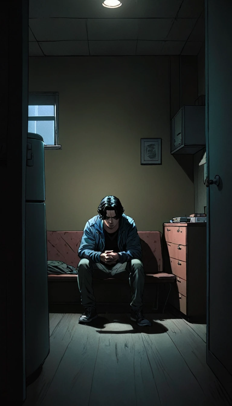 Dark Style,American comics,American comics画风,A person sitting alone in a dimly lit room, looking confused and worried. The room has minimal furniture, emphasizing the feeling of isolation.