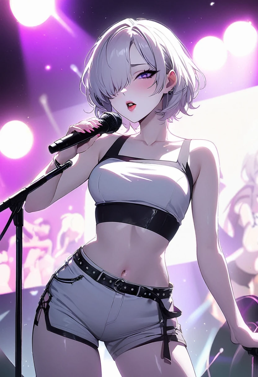 Masterpiece, wide smile, boyish girl with short (white hair), punk hair style, half shaved hair style, (horny face expression), has wolf ears, ((had wolf tail)), wearing denim shorts and a cropped black hoodie, thick thighs, wide hips, wearing thigh high socks, solo, alone, no wolves, showing belly, has glowing blue eyes, flat chest,Comics, fantasia, sfw, onis, singing, (guitar, electric guitar)