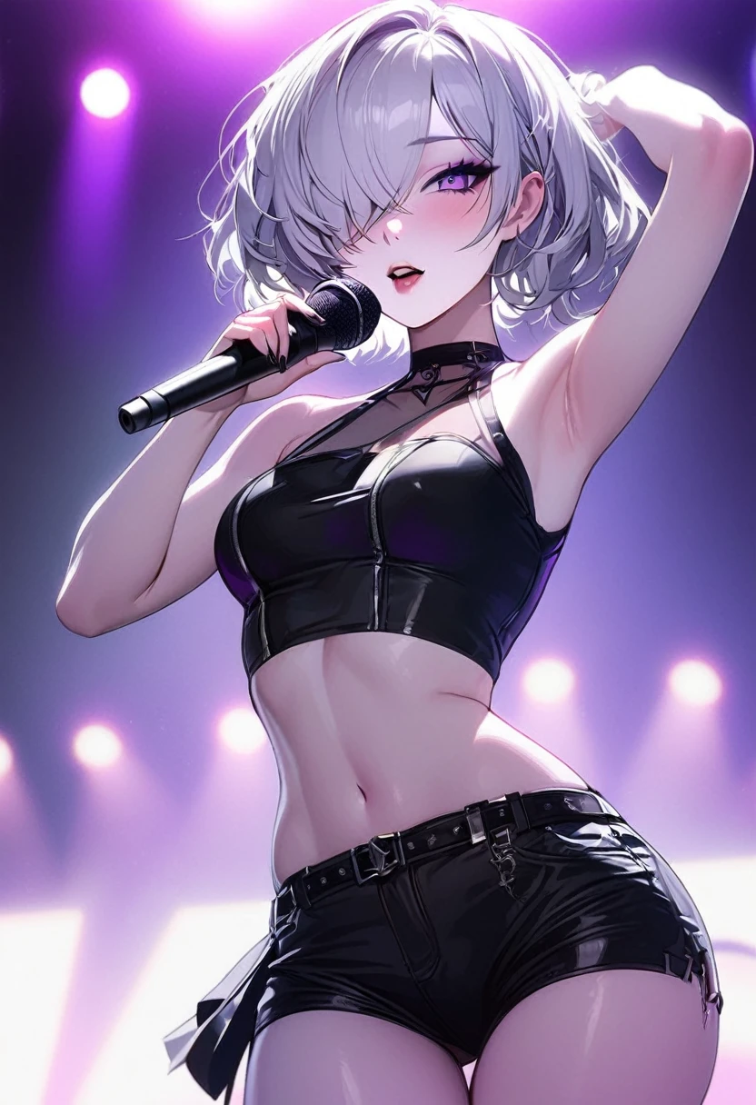 Girl, K-pop, idol, singing, stage, purple lights, beautiful, ethereal, Korean, hot, girl crush concept, pale skin, defined lips, curves, face focus, wink, korean, albino, crop top, shorts, slim, pretty, delicate, sexy, seductive, microphone, playful, solo, (Hair Over One Eye), short hair, feminine