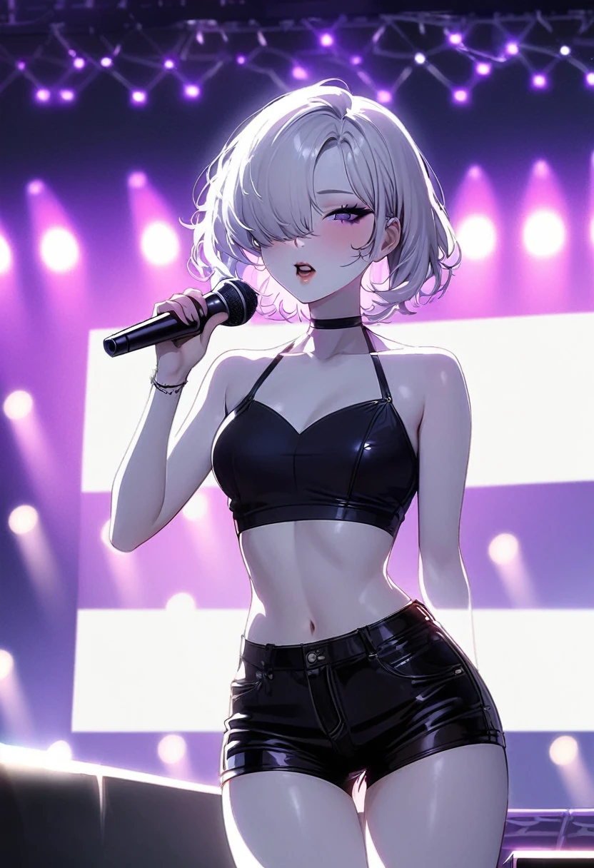 Girl, K-pop, idol, singing, stage, purple lights, beautiful, ethereal, Korean, hot, girl crush concept, pale skin, defined lips, curves, face focus, wink, korean, albino, crop top, shorts, slim, pretty, delicate, sexy, seductive, microphone, playful, solo, (Hair Over One Eye), short hair, feminine