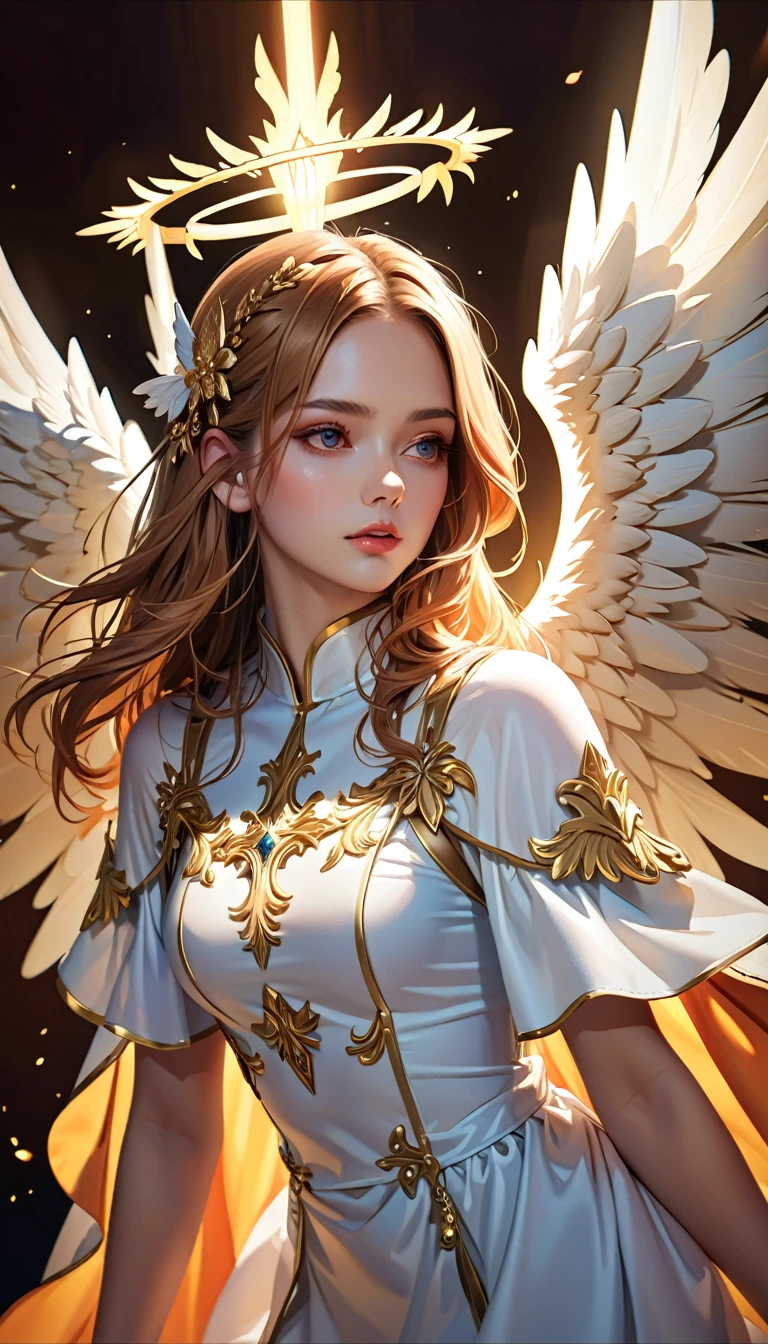 a highly detailed and beautiful angel, ((angelic wings, six wings)), angel halo, glowing holy light, portrait, digital art, cinematic lighting, dramatic shadows, intricate details, warm color palette, photorealistic, 8k, best quality, masterpiece