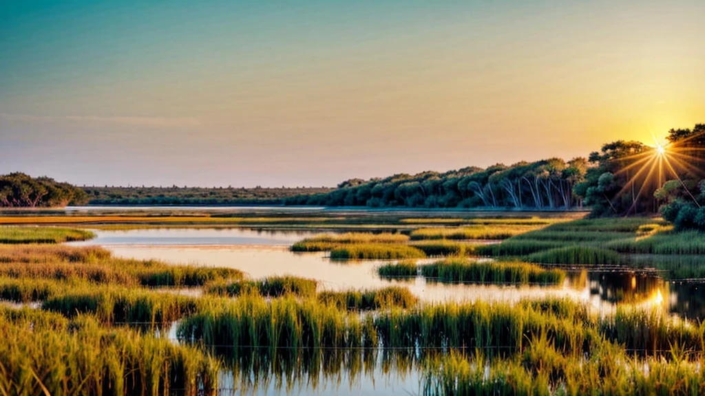 plain blank A tranquil wetland ecosystem featuring lush, vibrant vegetation thriving at the boundary between land and water, with diverse flora and fauna interacting in a delicate balance., split gradient colors background, Golden-hour lighting white mockup object