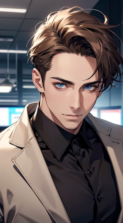 (best quality,4k,8k,highres,masterpiece:1.2),ultra-detailed,(realistic,photorealistic,photo-realistic:1.37),1 man,31 years old,mature man,very handsome,without expression,smile,short grey brown hair,blue eyes,penetrating gaze,perfect face without errors,imposing posture,businessman,office background,cinematic lighting,hdr image